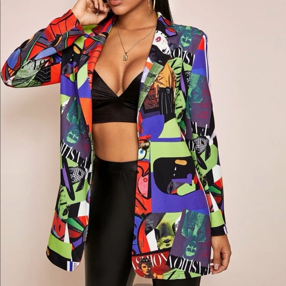 SHEIN Jackets & Blazers - Notch Collar Allover Print Single Button Longline Blazer